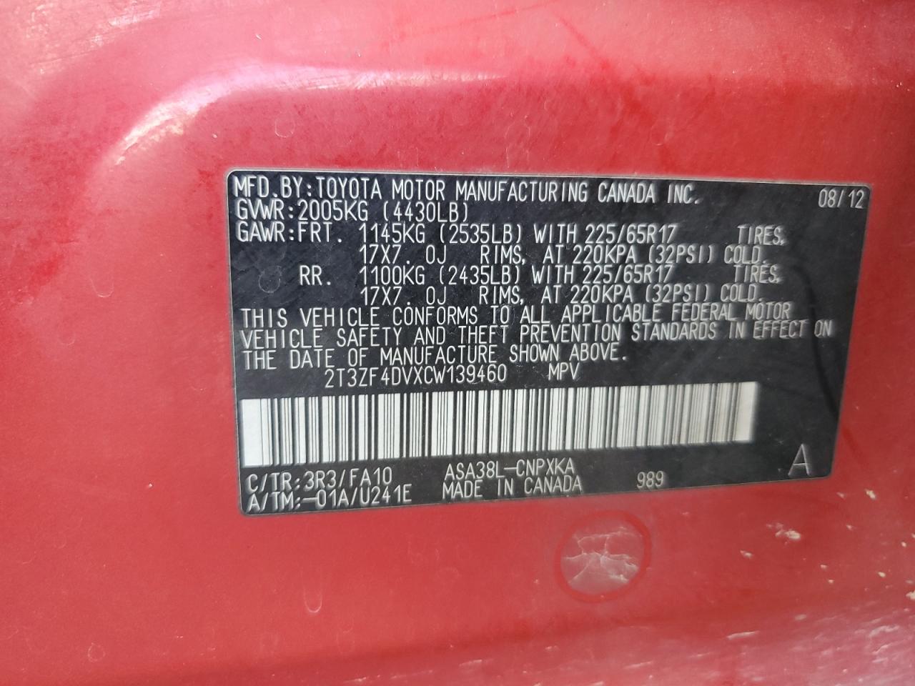 2T3ZF4DVXCW139460 2012 Toyota Rav4