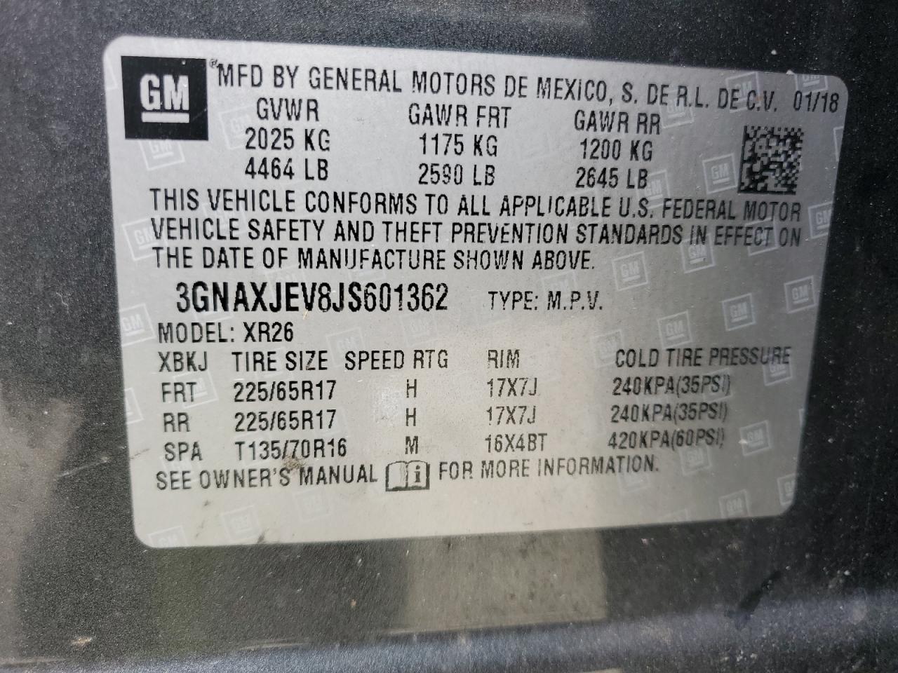 3GNAXJEV8JS601362 2018 Chevrolet Equinox Lt