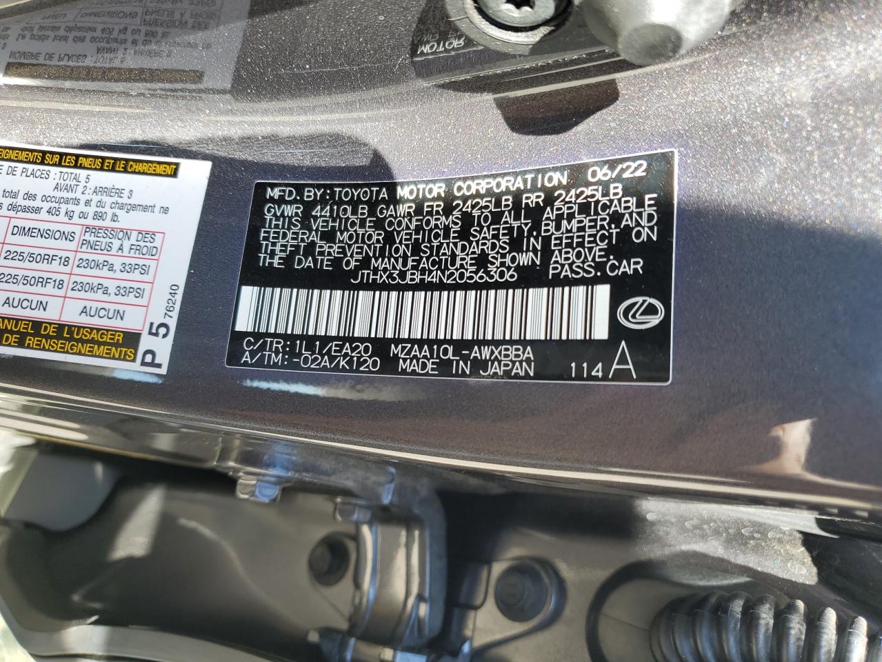 JTHX3JBH4N2056306 2022 Lexus Ux 200 Base