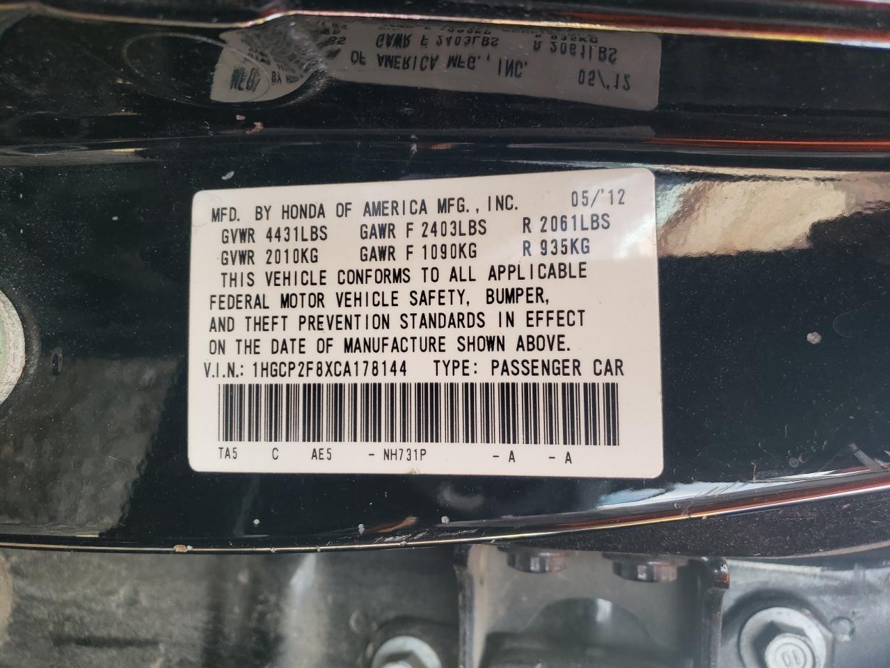 1HGCP2F8XCA178144 2012 Honda Accord Exl