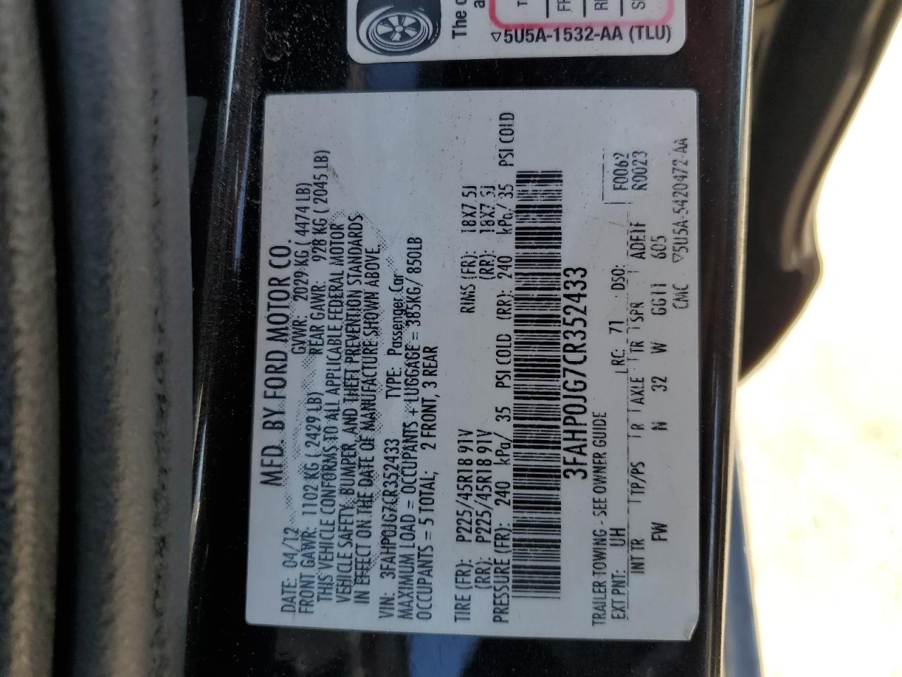 3FAHP0JG7CR352433 2012 Ford Fusion Sel