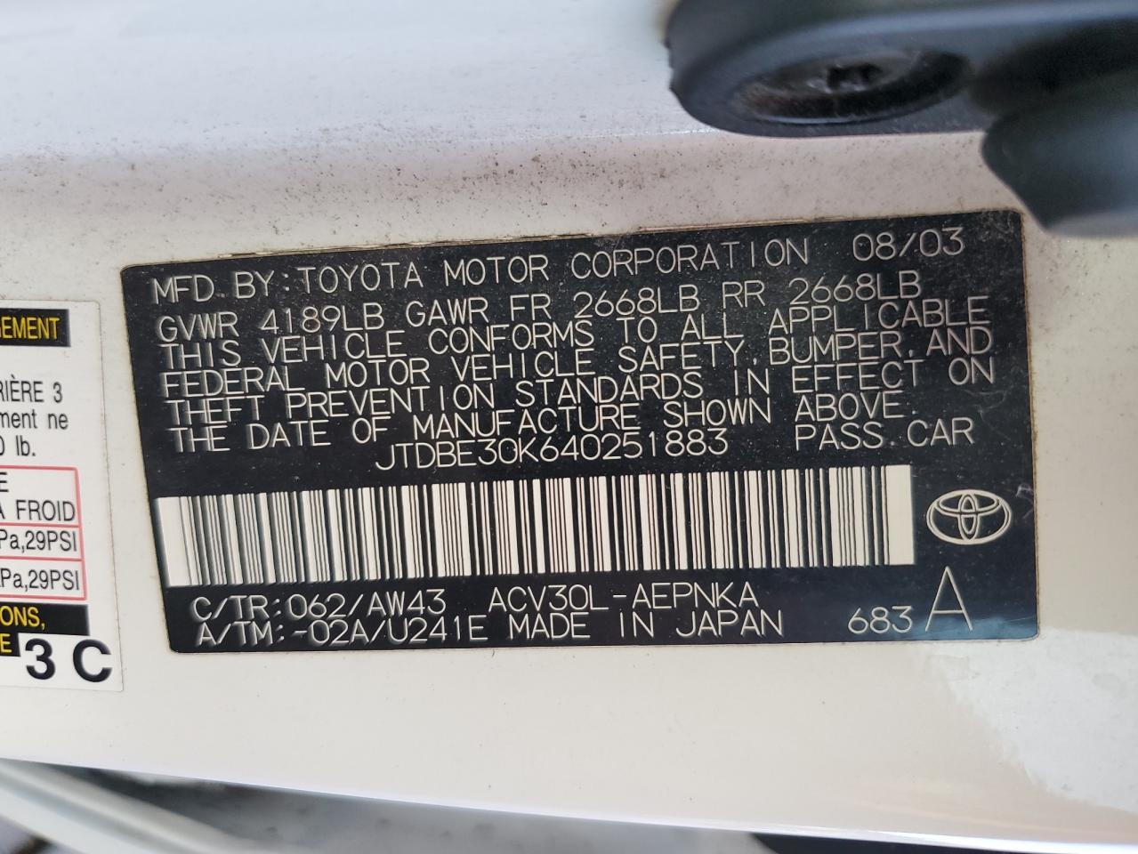 JTDBE30K640251883 2004 Toyota Camry Le