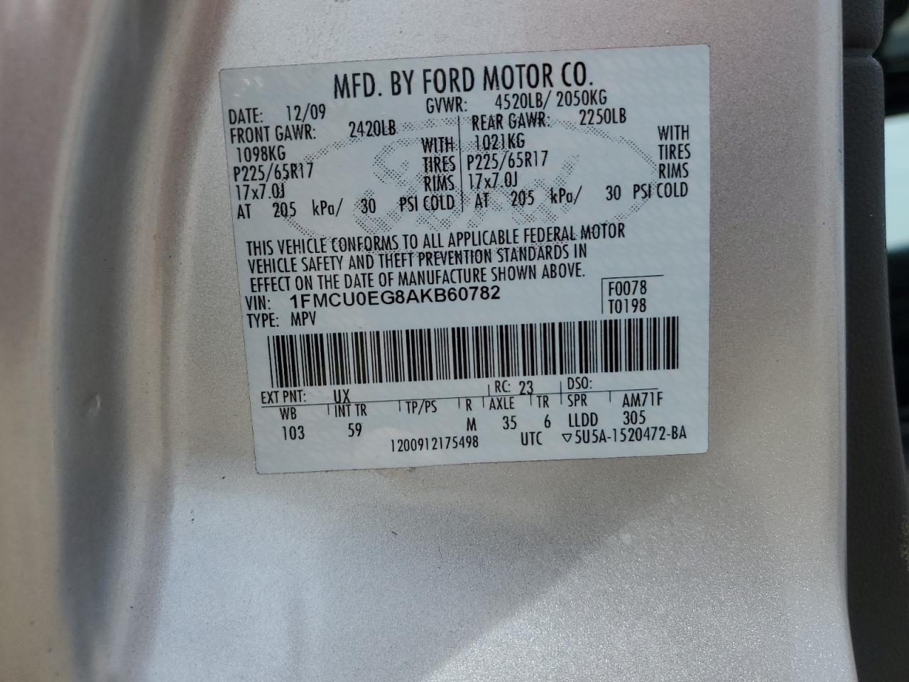 1FMCU0EG8AKB60782 2010 Ford Escape Limited