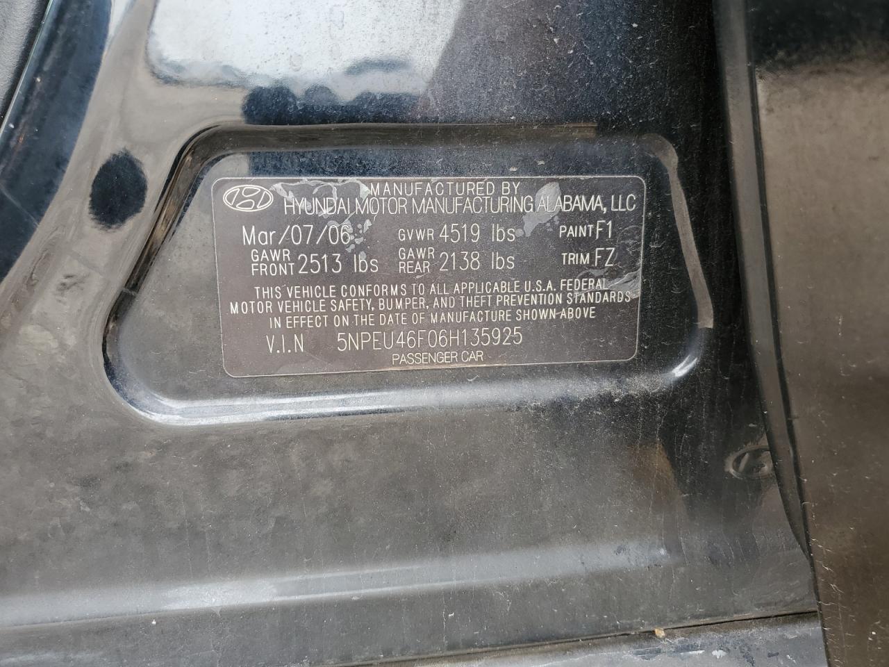 5NPEU46F06H135925 2006 Hyundai Sonata Gls