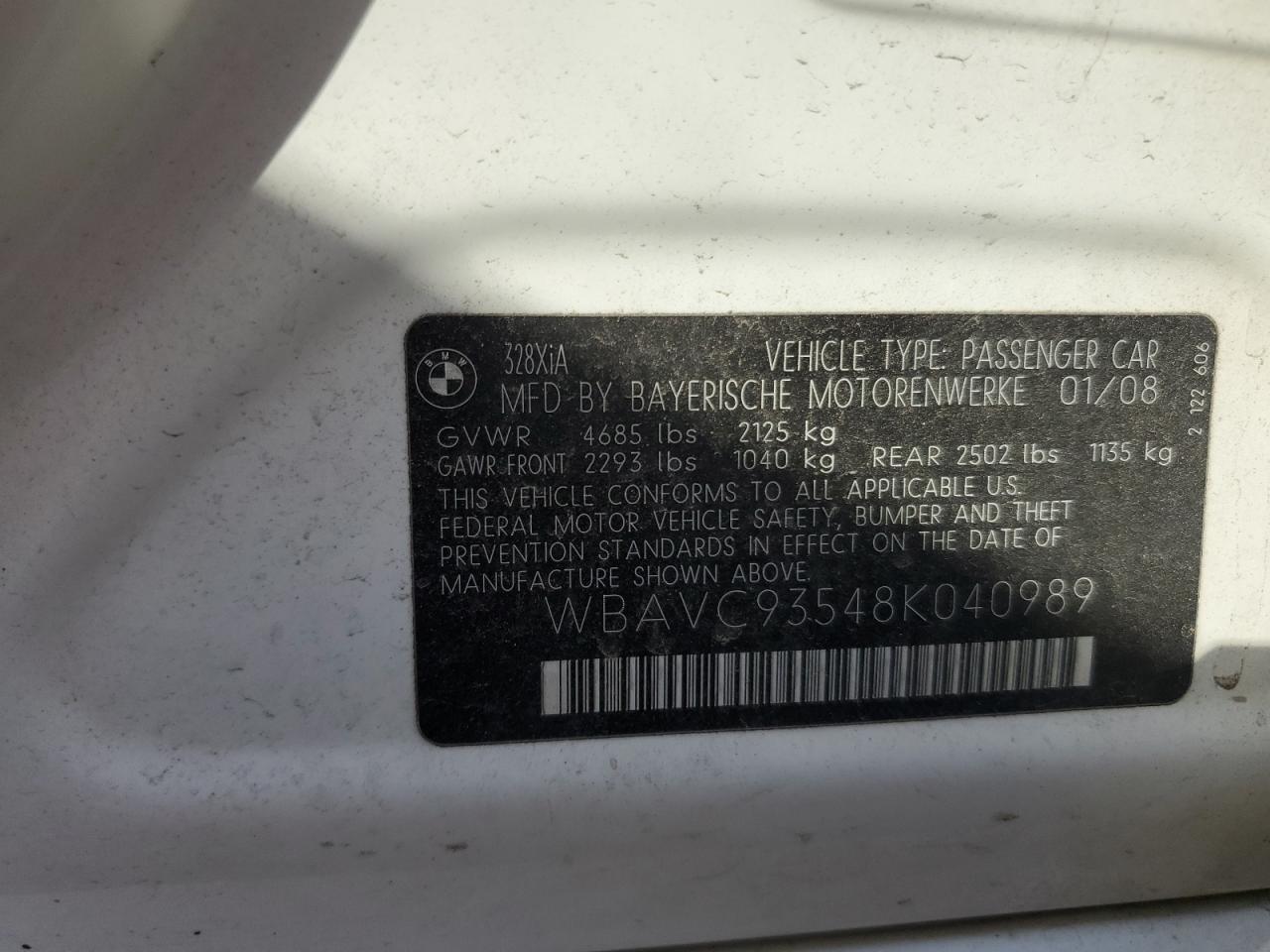 2008 BMW 328 Xi VIN: WBAVC93548K040989 Lot: 70714274
