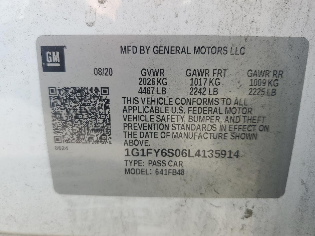 2020 Chevrolet Bolt Ev Lt VIN: 1G1FY6S06L4135914 Lot: 69975874