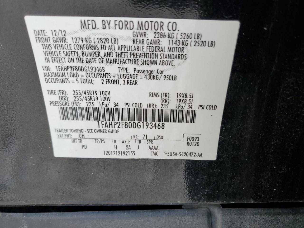 1FAHP2F80DG193468 2013 Ford Taurus Limited