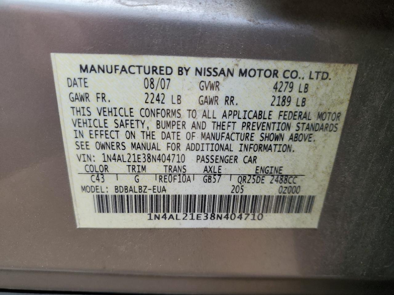 1N4AL21E38N404710 2008 Nissan Altima 2.5