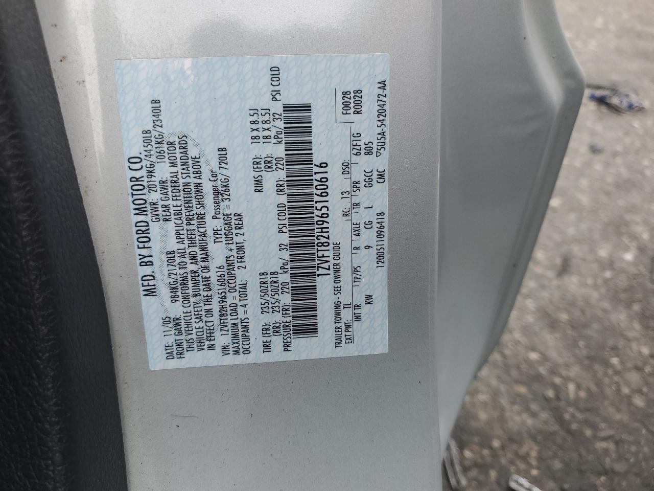 2006 Ford Mustang Gt VIN: 1ZVFT82H965160616 Lot: 70811174