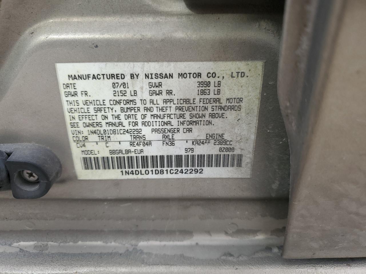 1N4DL01D81C242292 2001 Nissan Altima Xe