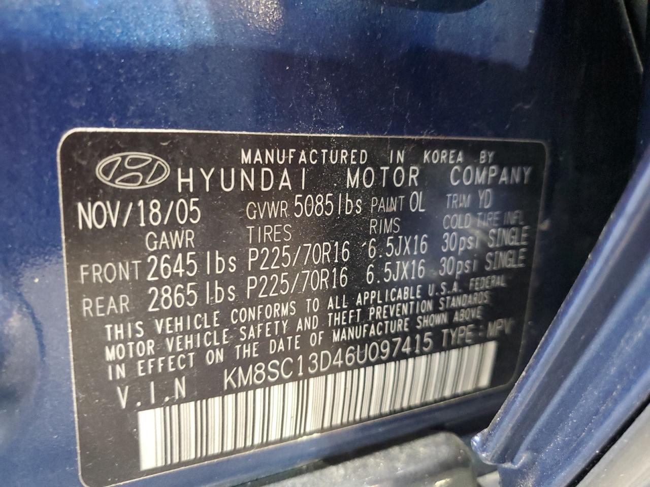 KM8SC13D46U097415 2006 Hyundai Santa Fe Gls