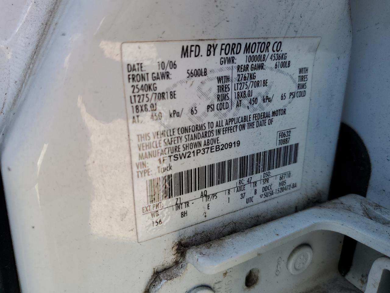 1FTSW21P37EB20919 2007 Ford F250 Super Duty