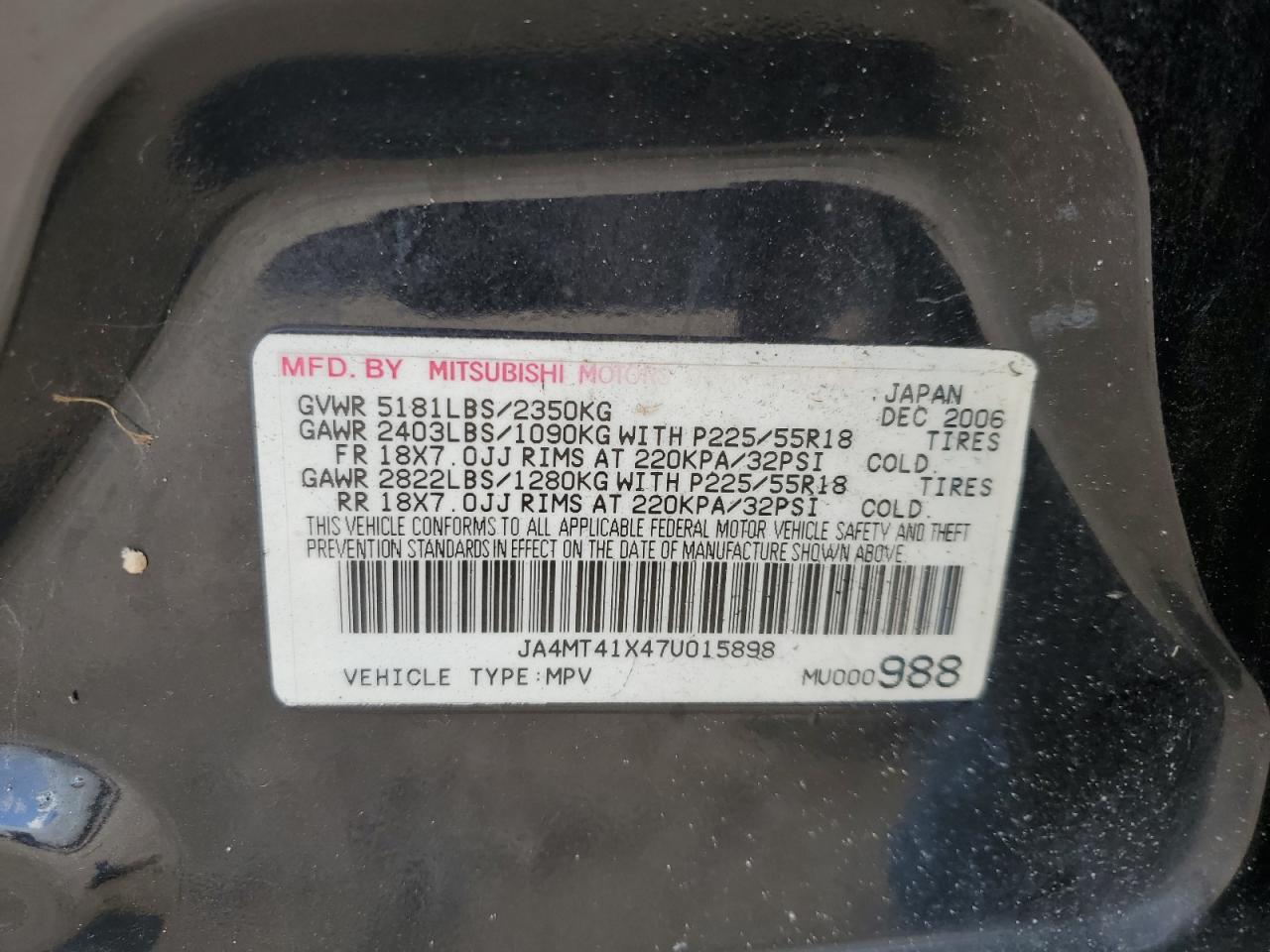 JA4MT41X47U015898 2007 Mitsubishi Outlander Xls