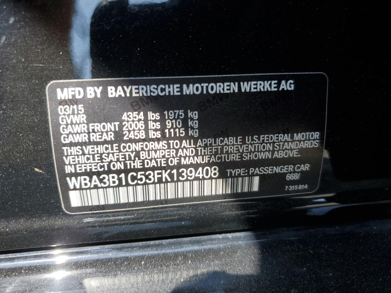 WBA3B1C53FK139408 2015 BMW 320 I