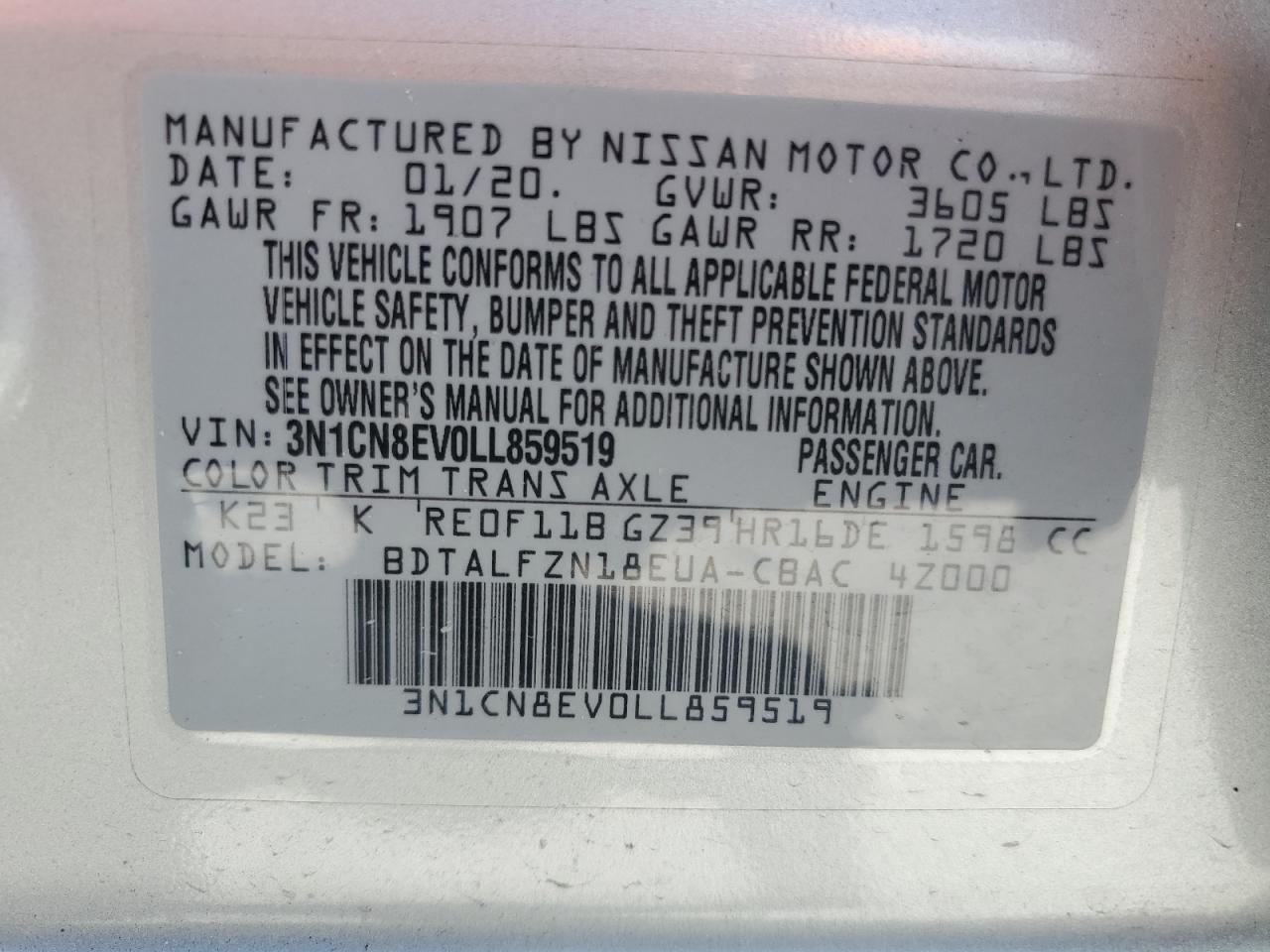 2020 Nissan Versa Sv VIN: 3N1CN8EV0LL859519 Lot: 69259204