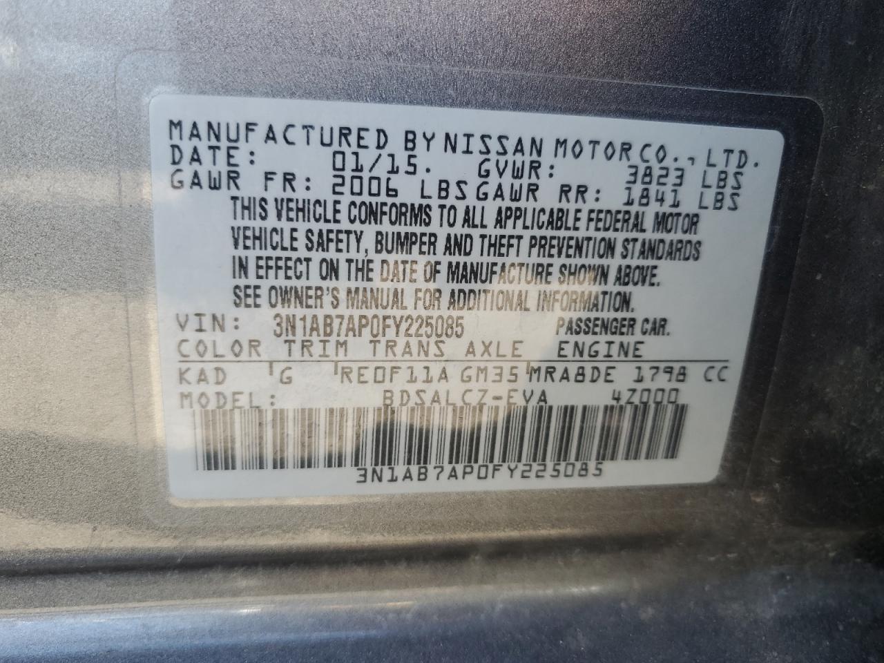 3N1AB7AP0FY225085 2015 Nissan Sentra S