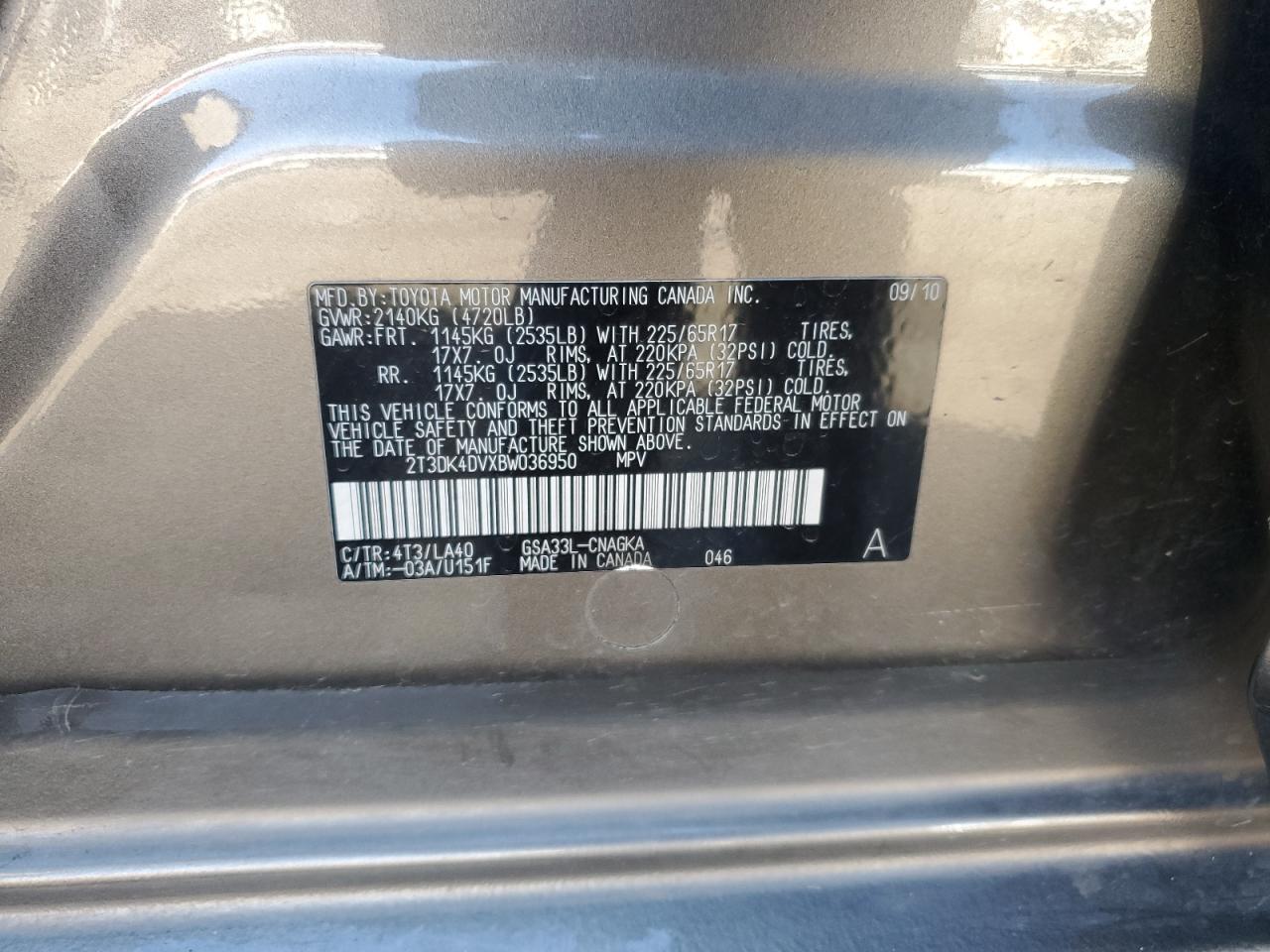 2T3DK4DVXBW036950 2011 Toyota Rav4 Limited