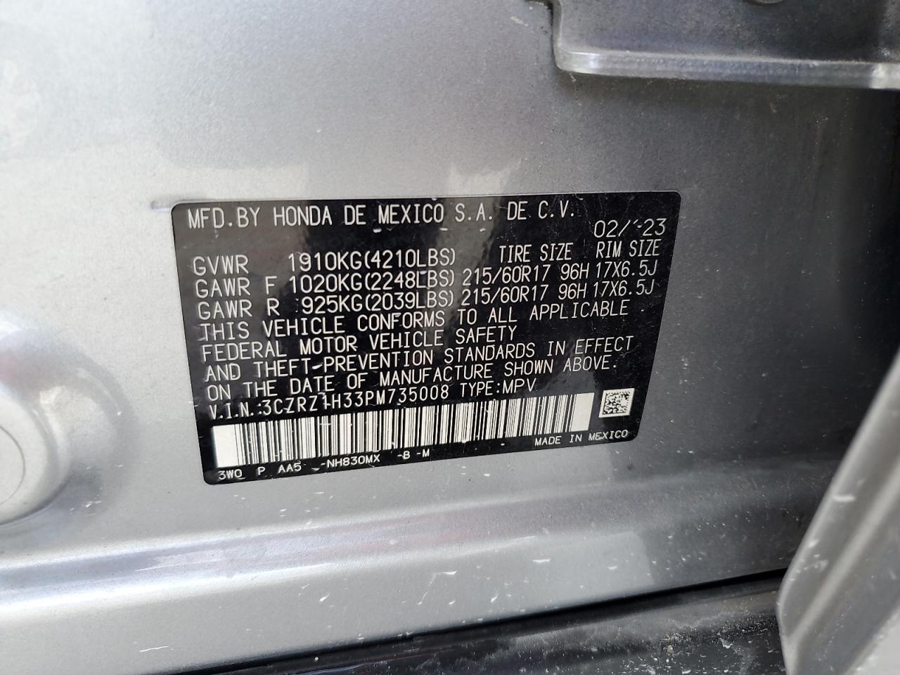 3CZRZ1H33PM735008 2023 Honda Hr-V Lx