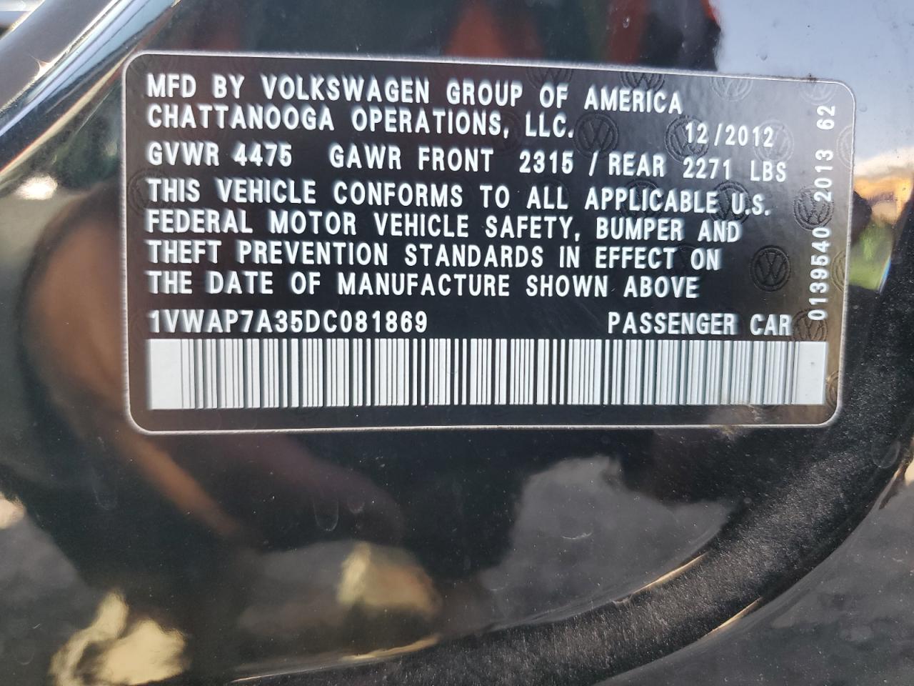 1VWAP7A35DC081869 2013 Volkswagen Passat S