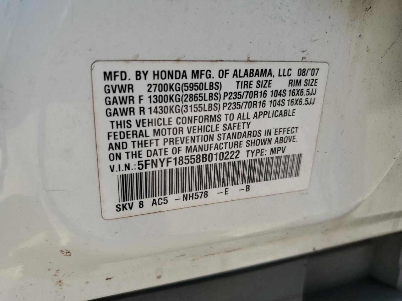 5FNYF18558B010222 2008 Honda Pilot Exl