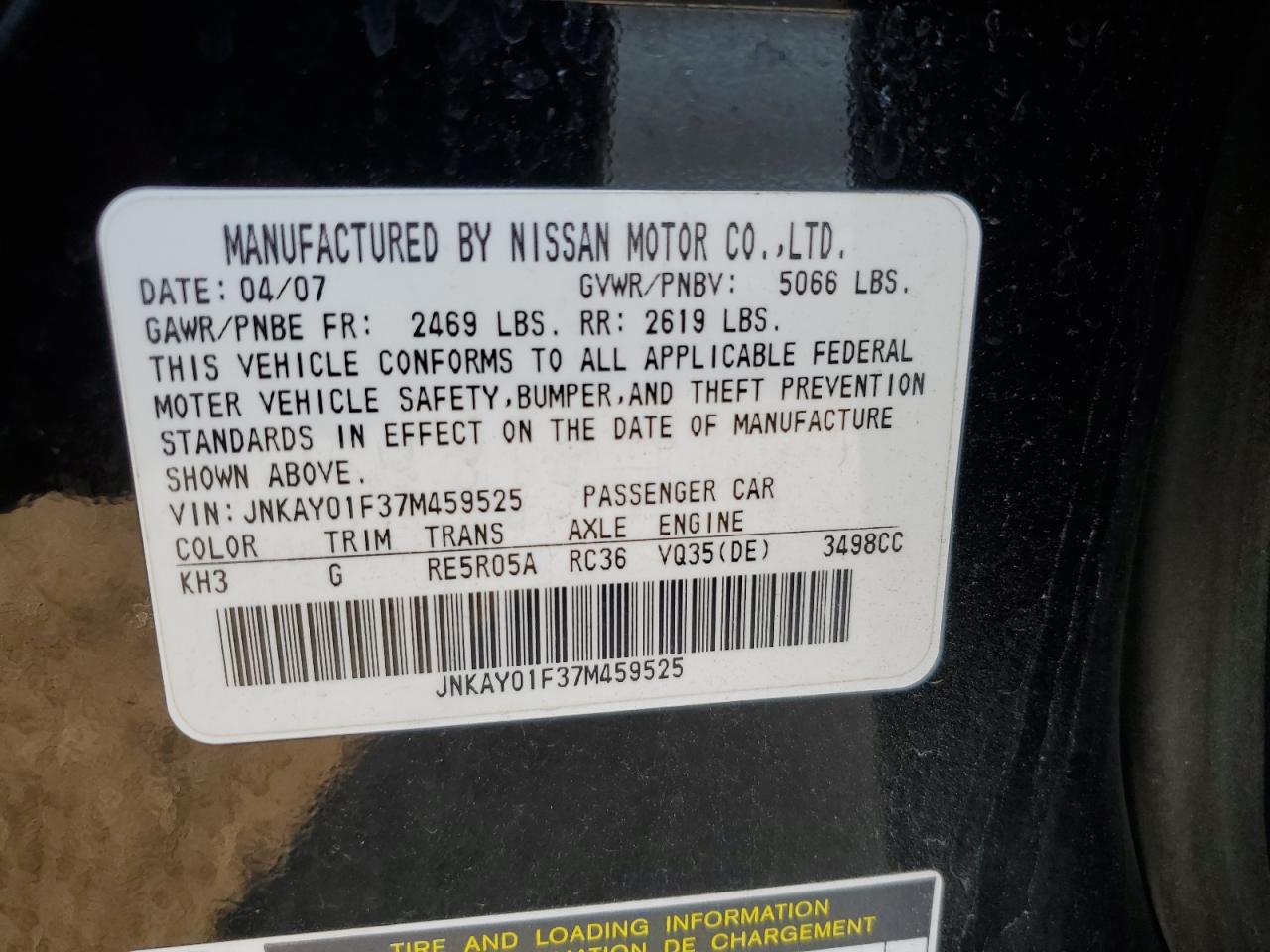 JNKAY01F37M459525 2007 Infiniti M35 Base