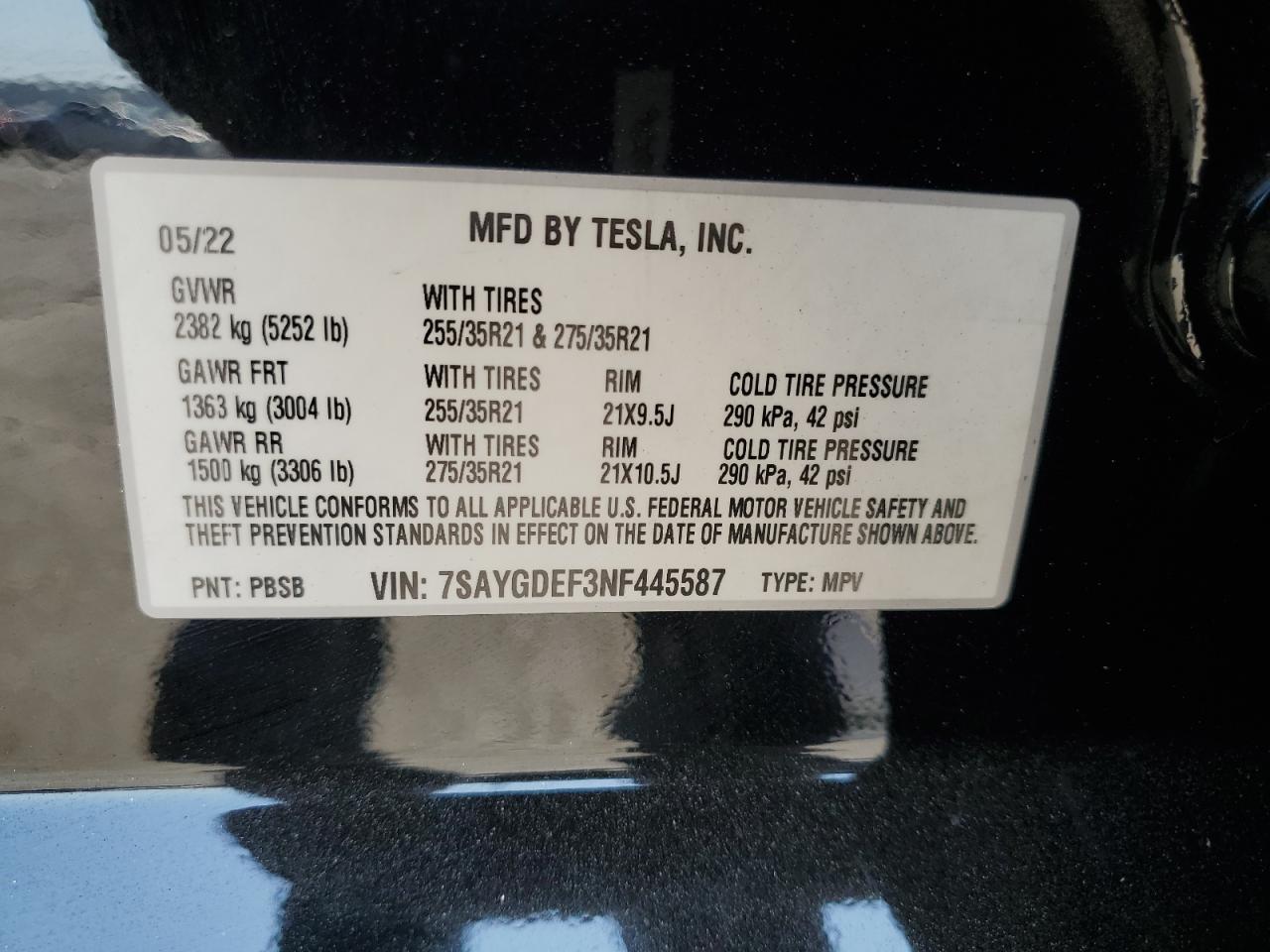 7SAYGDEF3NF445587 2022 Tesla Model Y