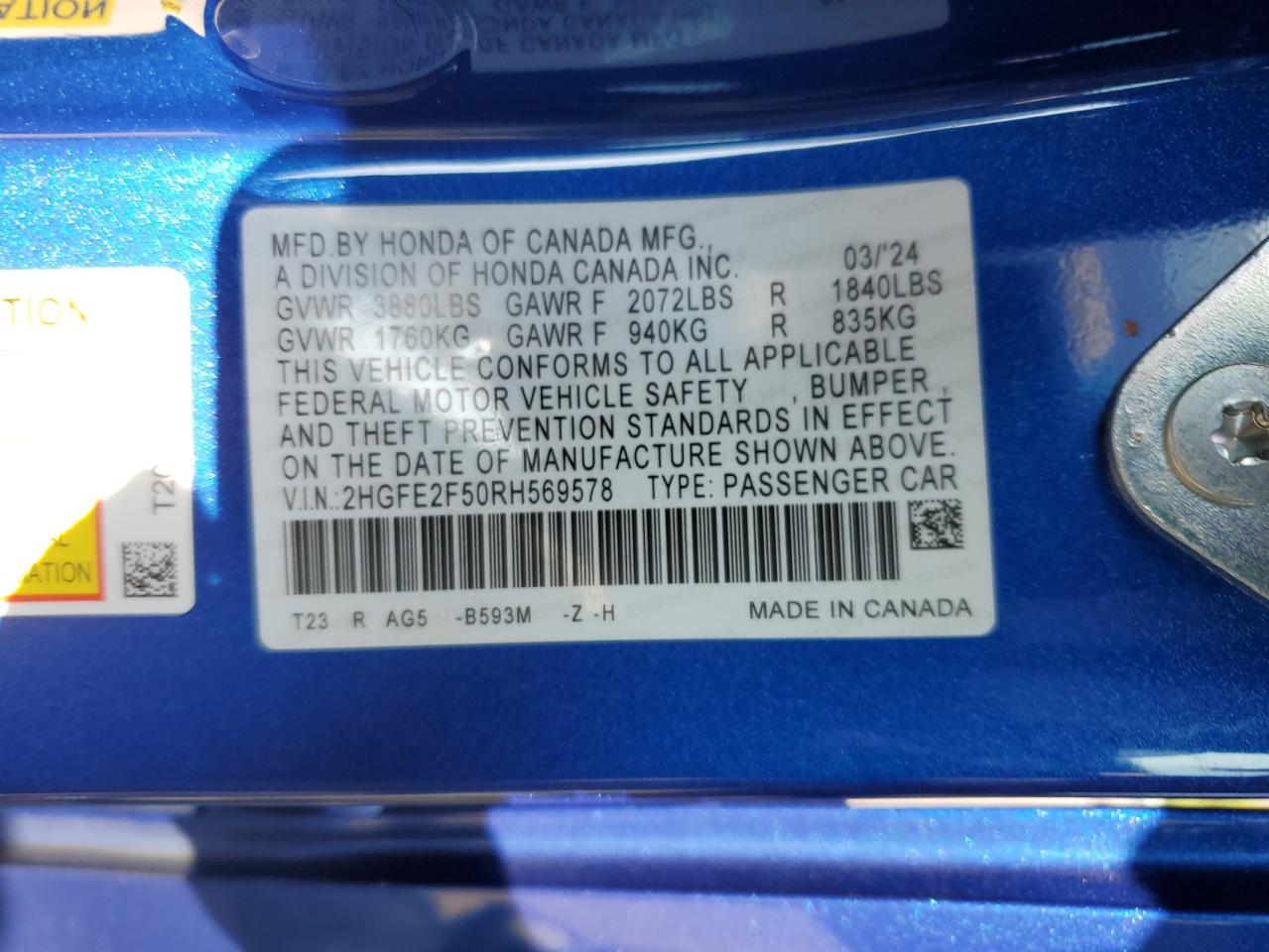 2HGFE2F50RH569578 2024 Honda Civic Sport