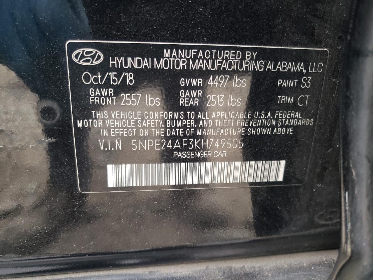 2019 Hyundai Sonata Se VIN: 5NPE24AF3KH749505 Lot: 73010274