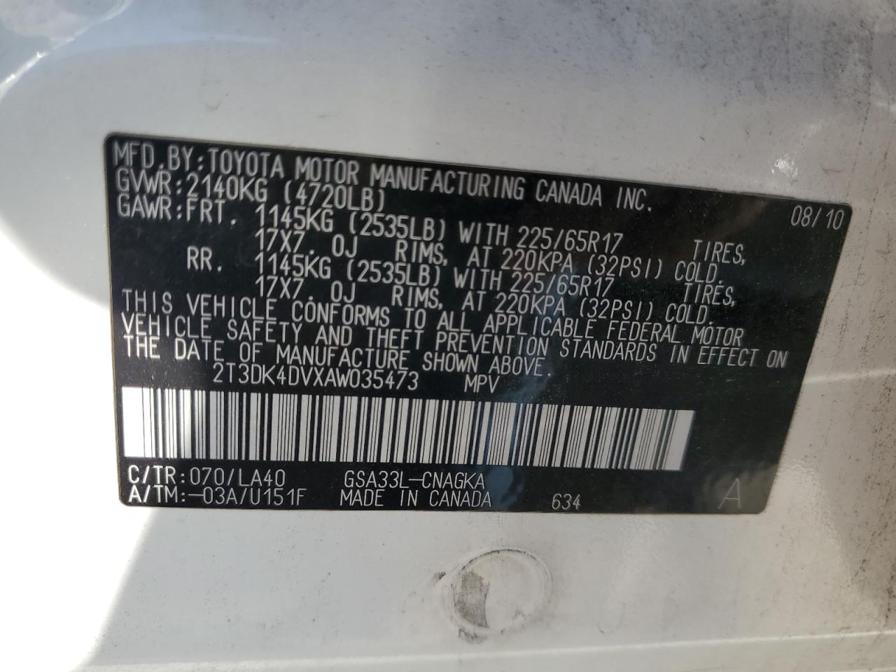 2010 Toyota Rav4 Limited VIN: 2T3DK4DVXAW035473 Lot: 72236494