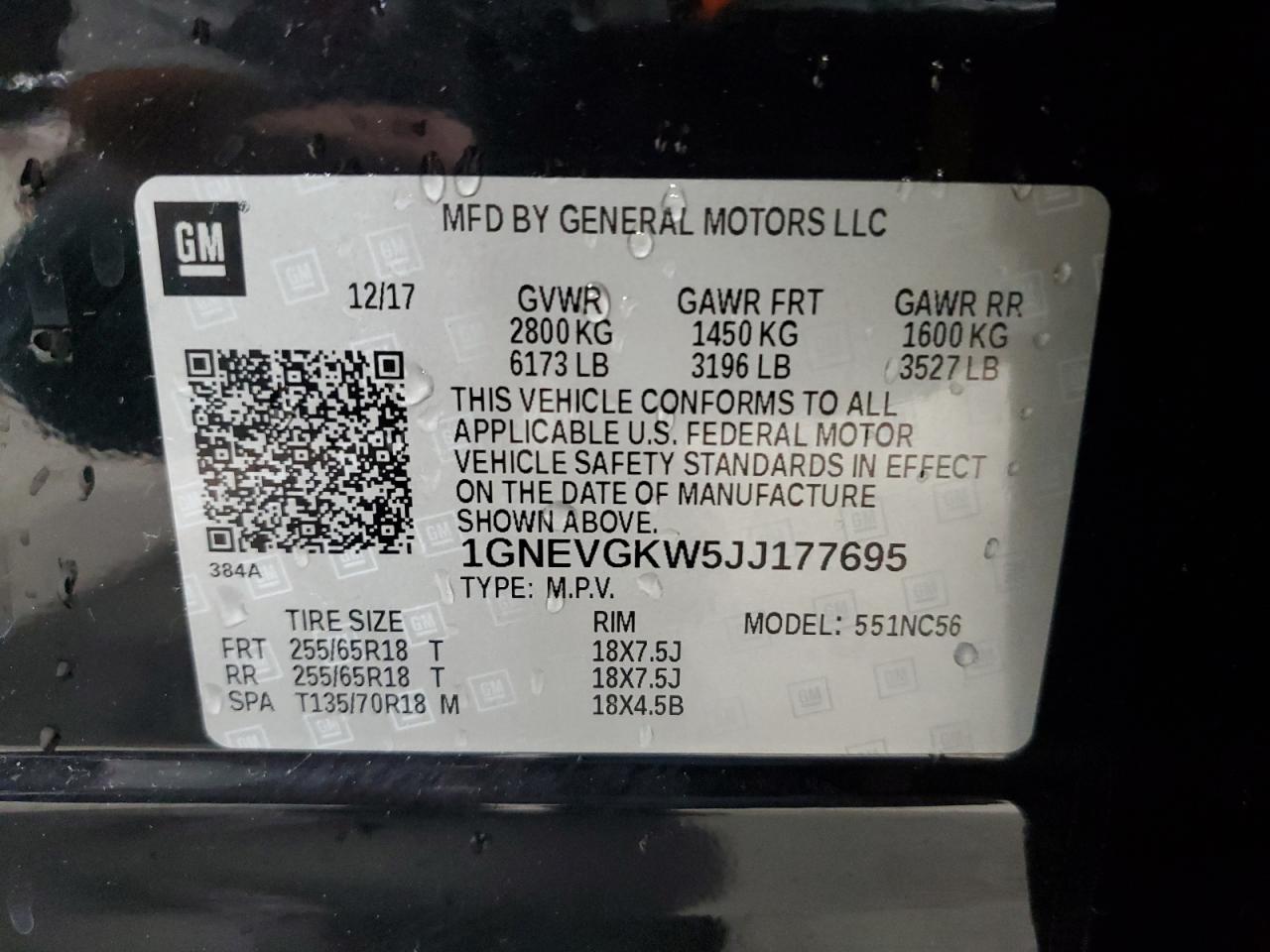 1GNEVGKW5JJ177695 2018 Chevrolet Traverse Lt