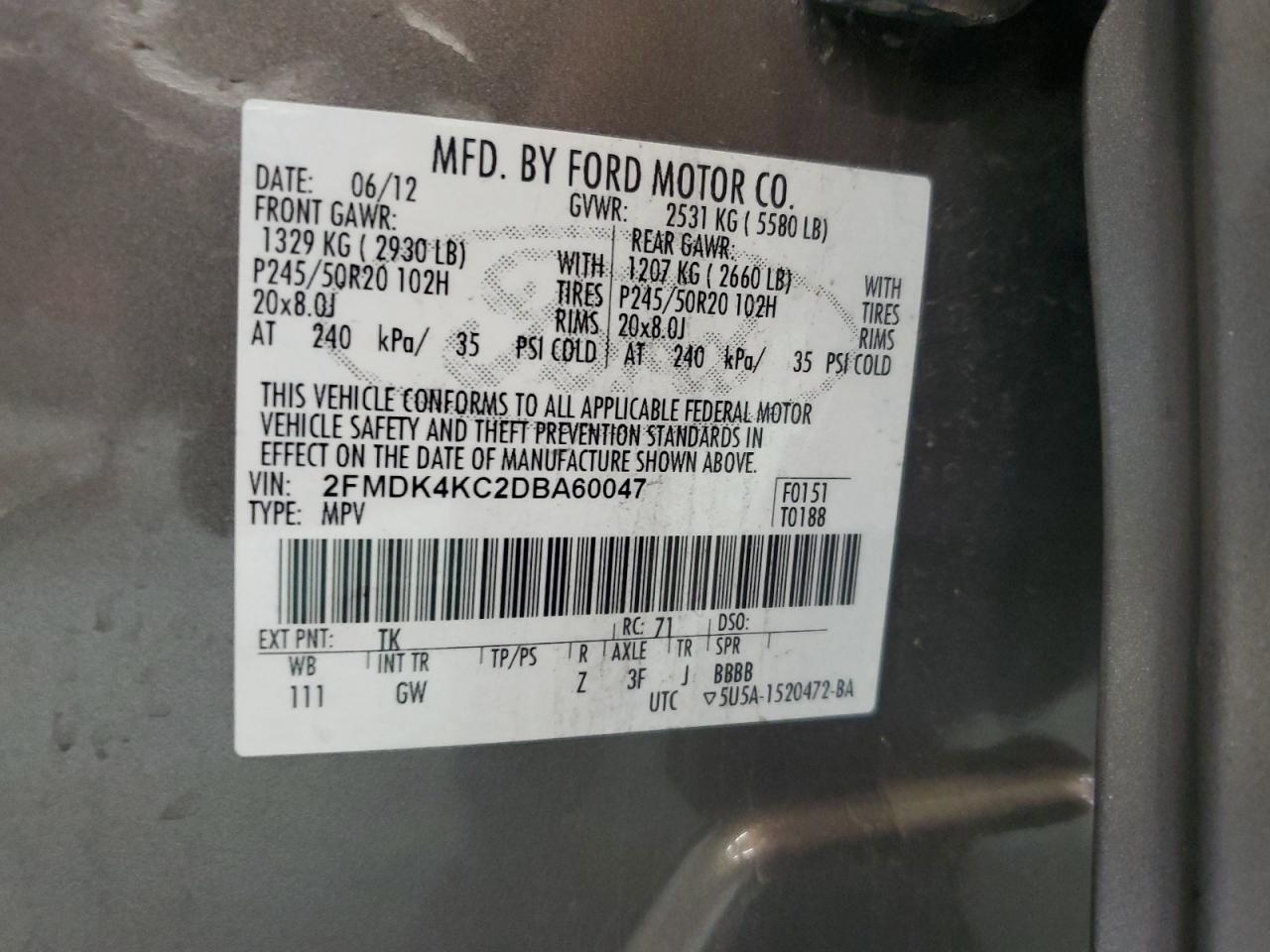 2013 Ford Edge Limited VIN: 2FMDK4KC2DBA60047 Lot: 70444744