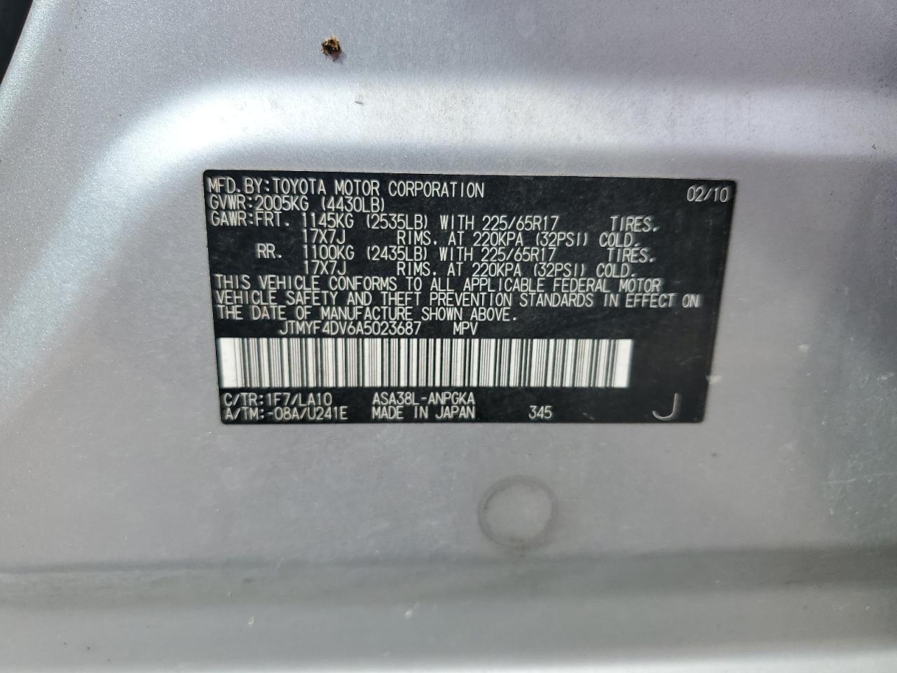 2010 Toyota Rav4 Limited VIN: JTMYF4DV6A5023687 Lot: 70712264