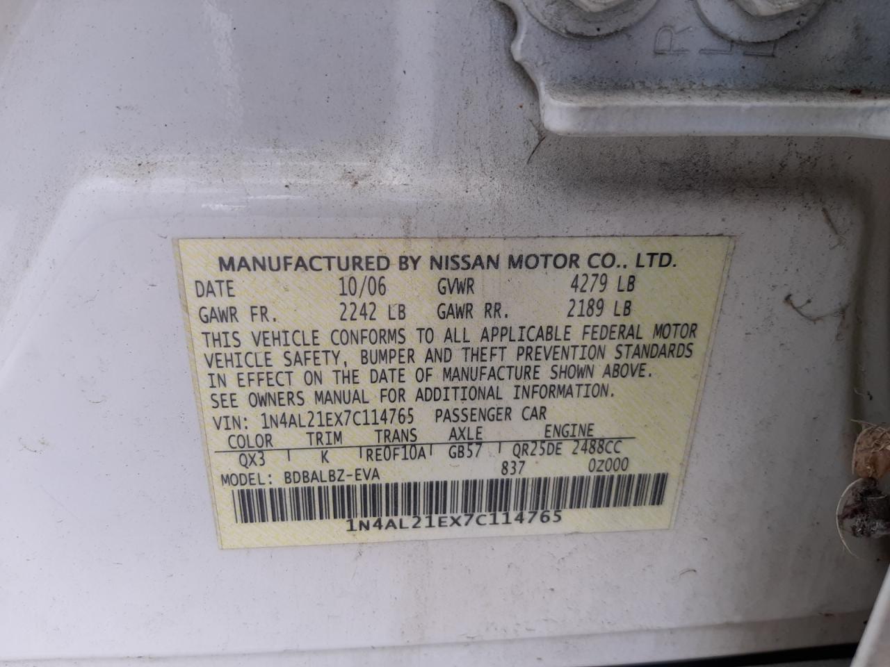 1N4AL21EX7C114765 2007 Nissan Altima 2.5