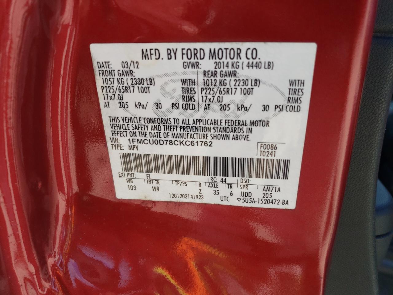 1FMCU0D78CKC61762 2012 Ford Escape Xlt