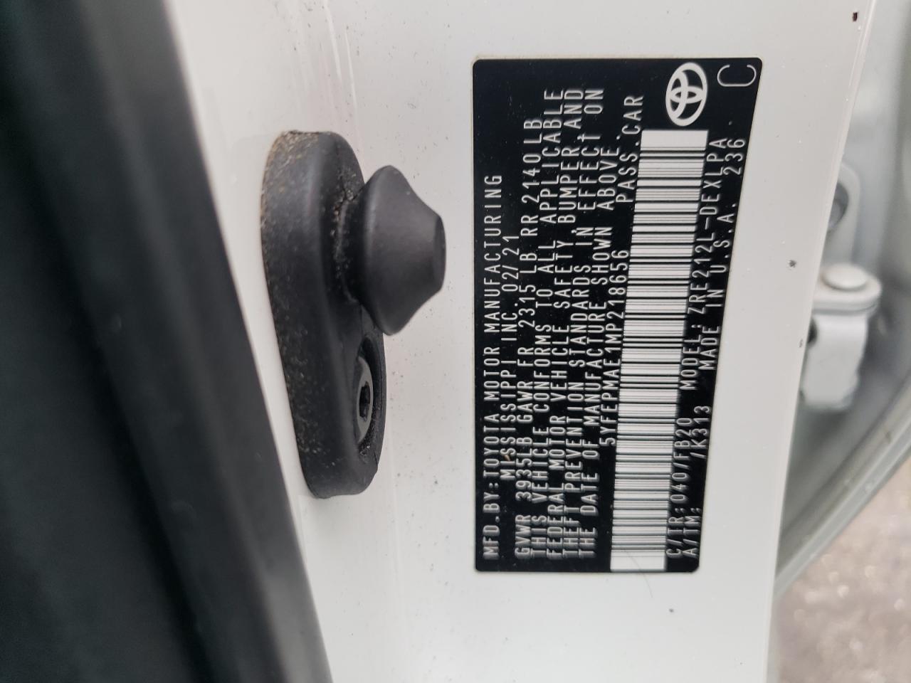 2021 Toyota Corolla Le VIN: 5YFEPMAE1MP218656 Lot: 73297494