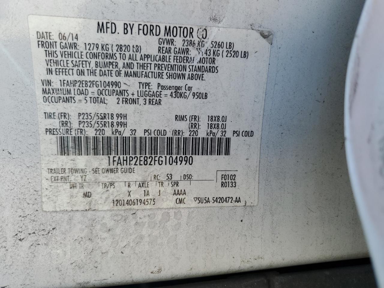 1FAHP2E82FG104990 2015 Ford Taurus Sel