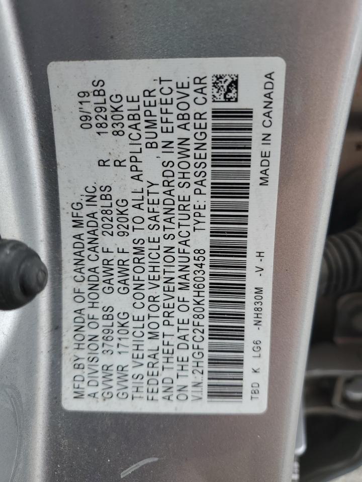 2HGFC2F80KH603458 2019 Honda Civic Sport