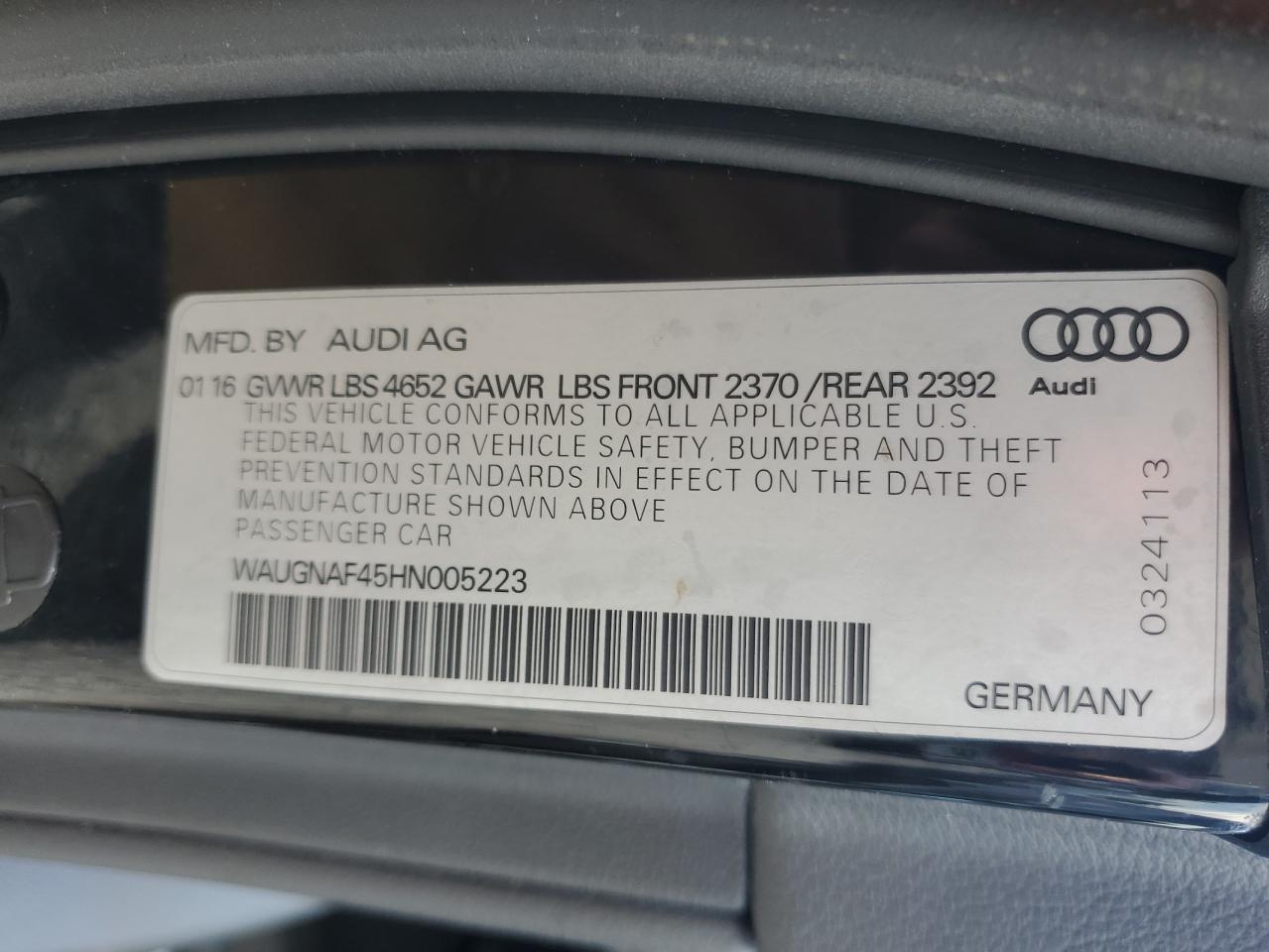 WAUGNAF45HN005223 2017 Audi A4 Premium