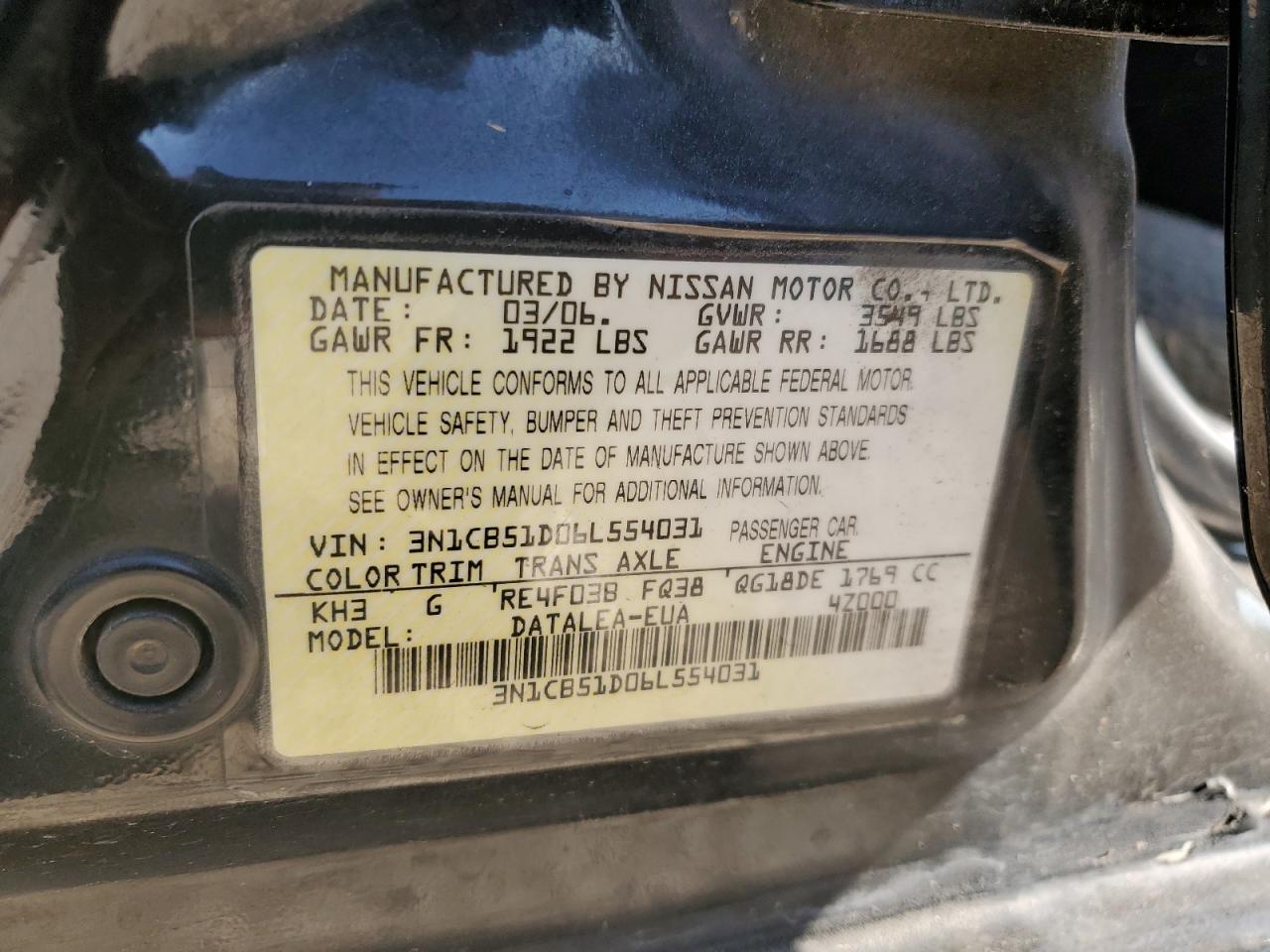 3N1CB51D06L554031 2006 Nissan Sentra 1.8