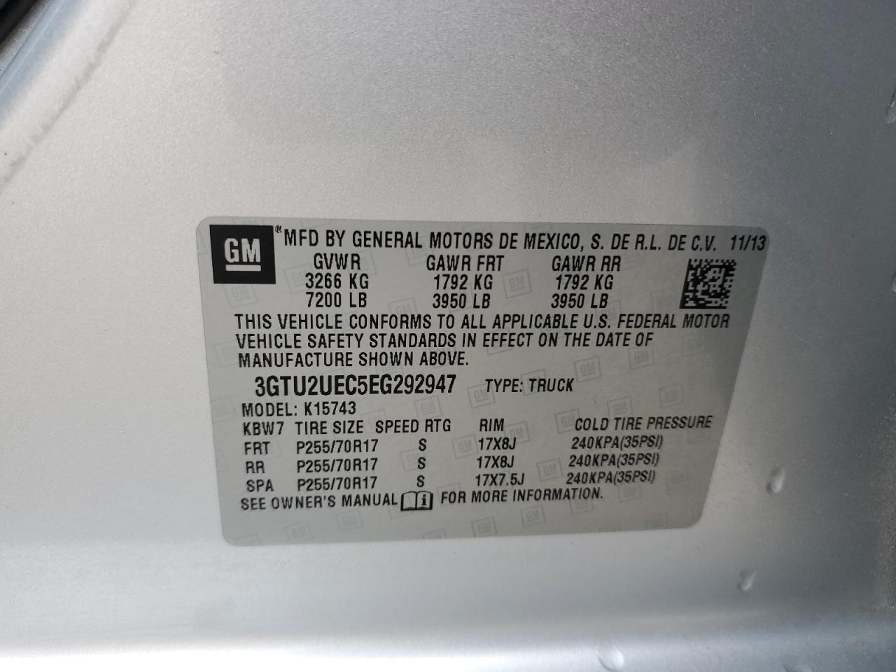 3GTU2UEC5EG292947 2014 GMC Sierra K1500 Sle