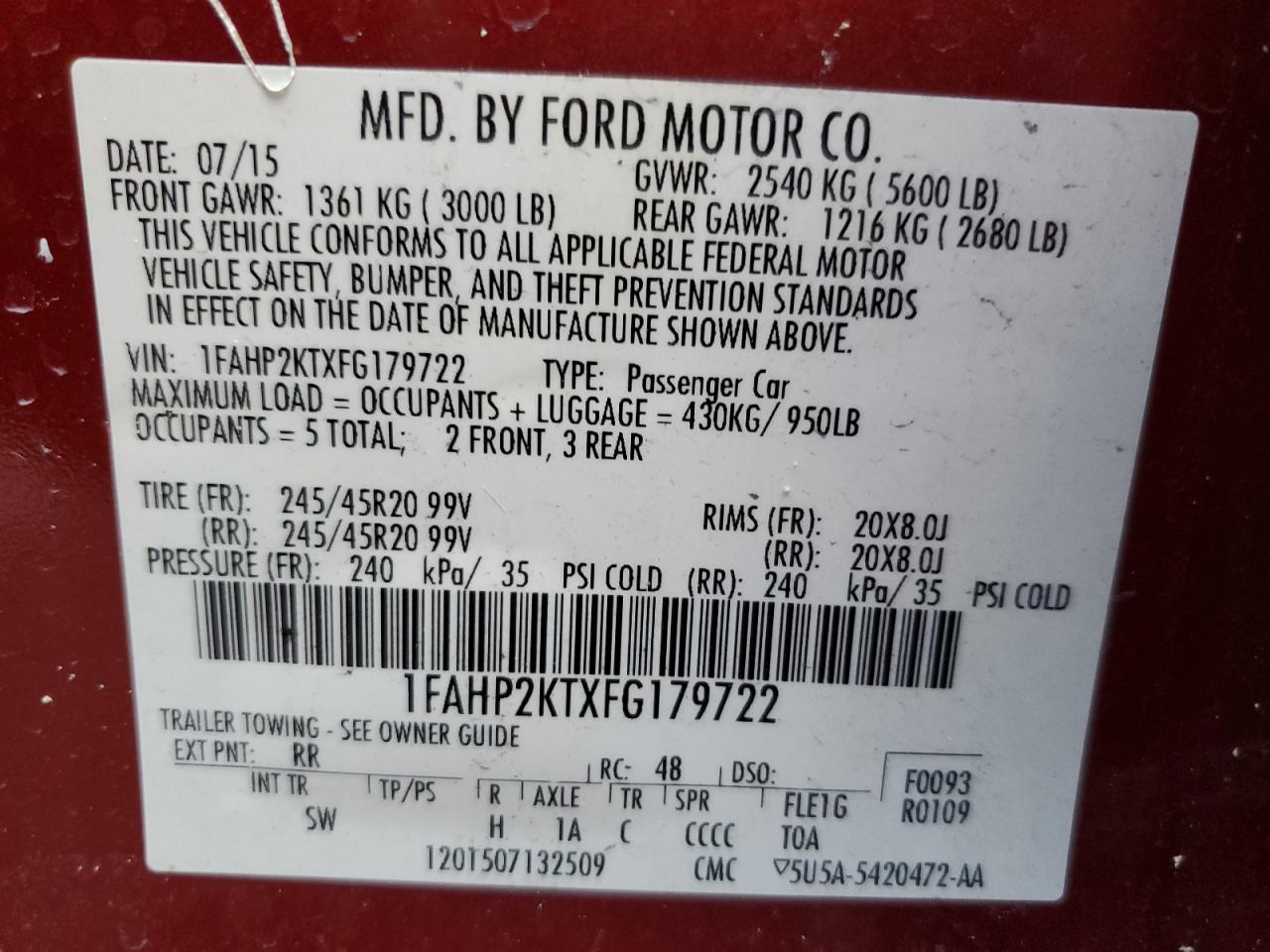 2015 Ford Taurus Sho VIN: 1FAHP2KTXFG179722 Lot: 73693864