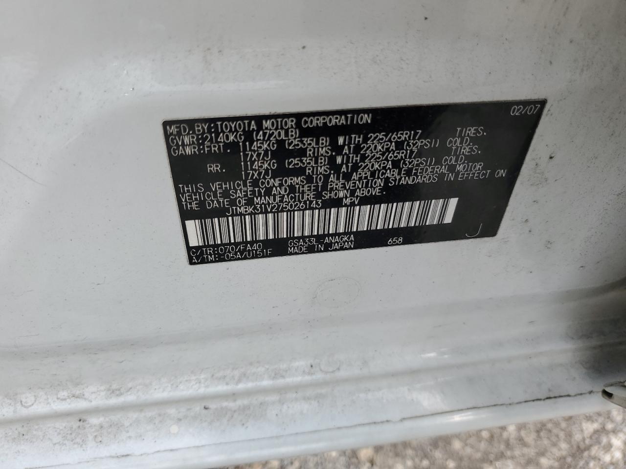 2007 Toyota Rav4 Limited VIN: JTMBK31V275026143 Lot: 70481894