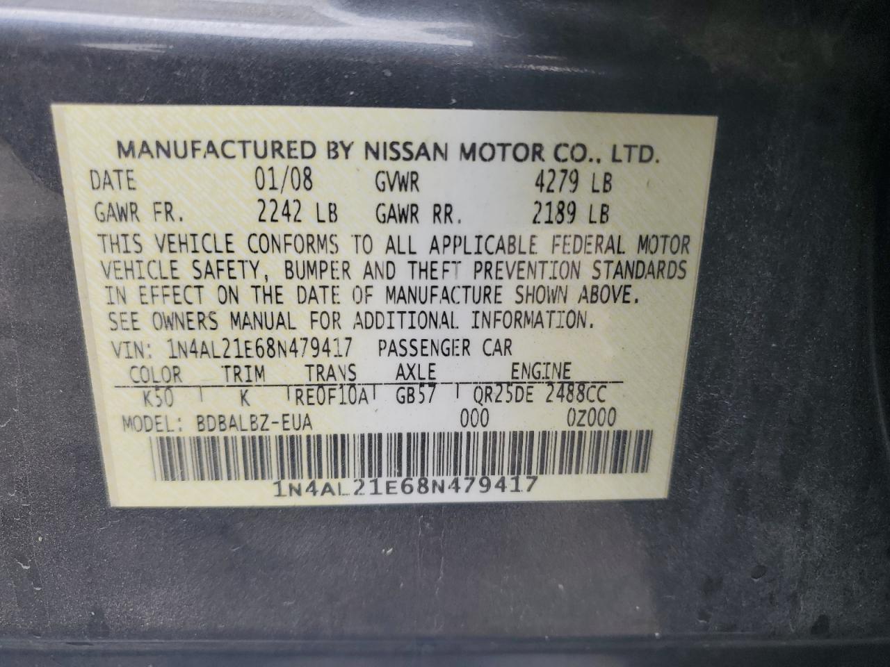 1N4AL21E68N479417 2008 Nissan Altima 2.5