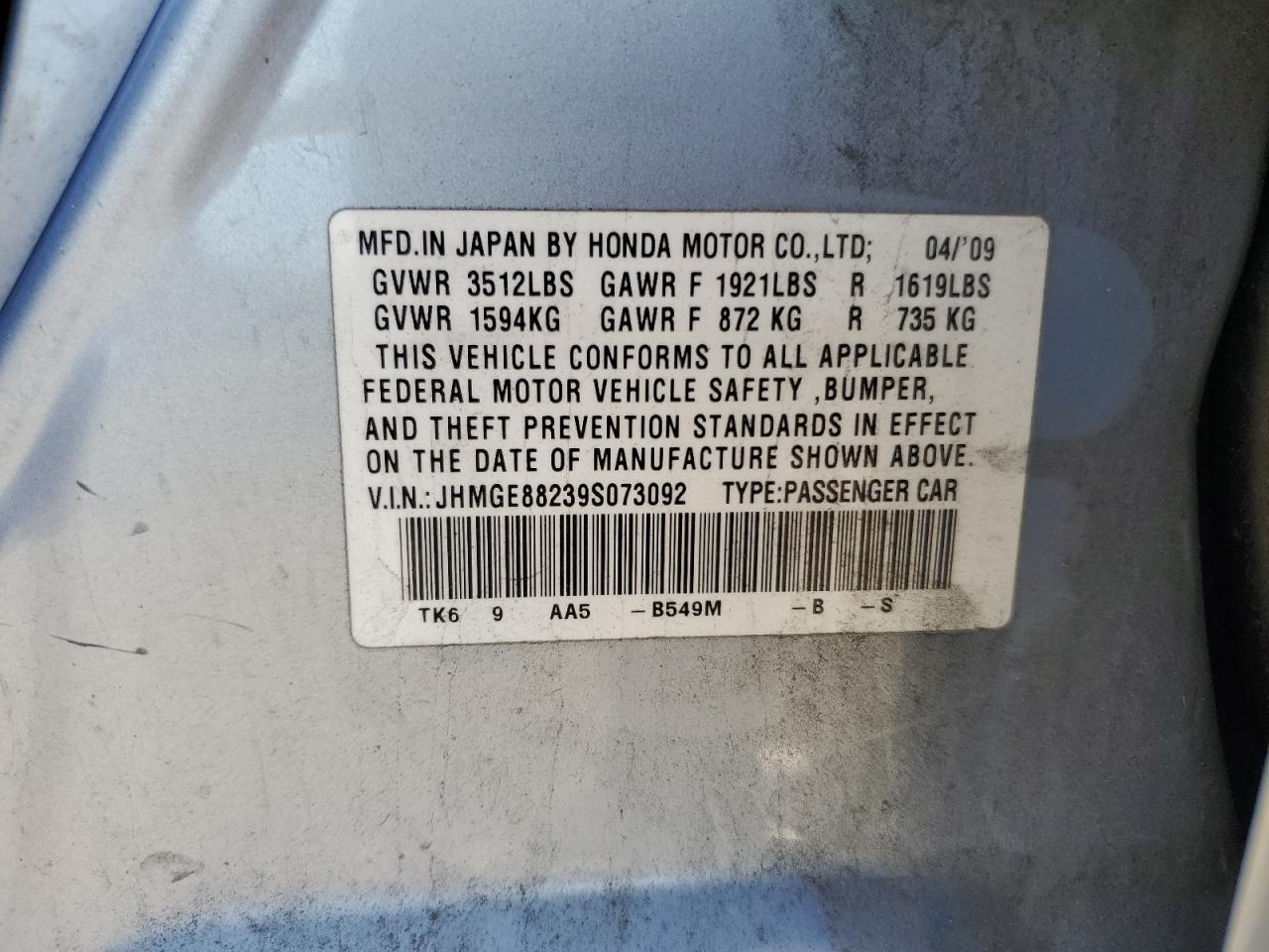 JHMGE88239S073092 2009 Honda Fit