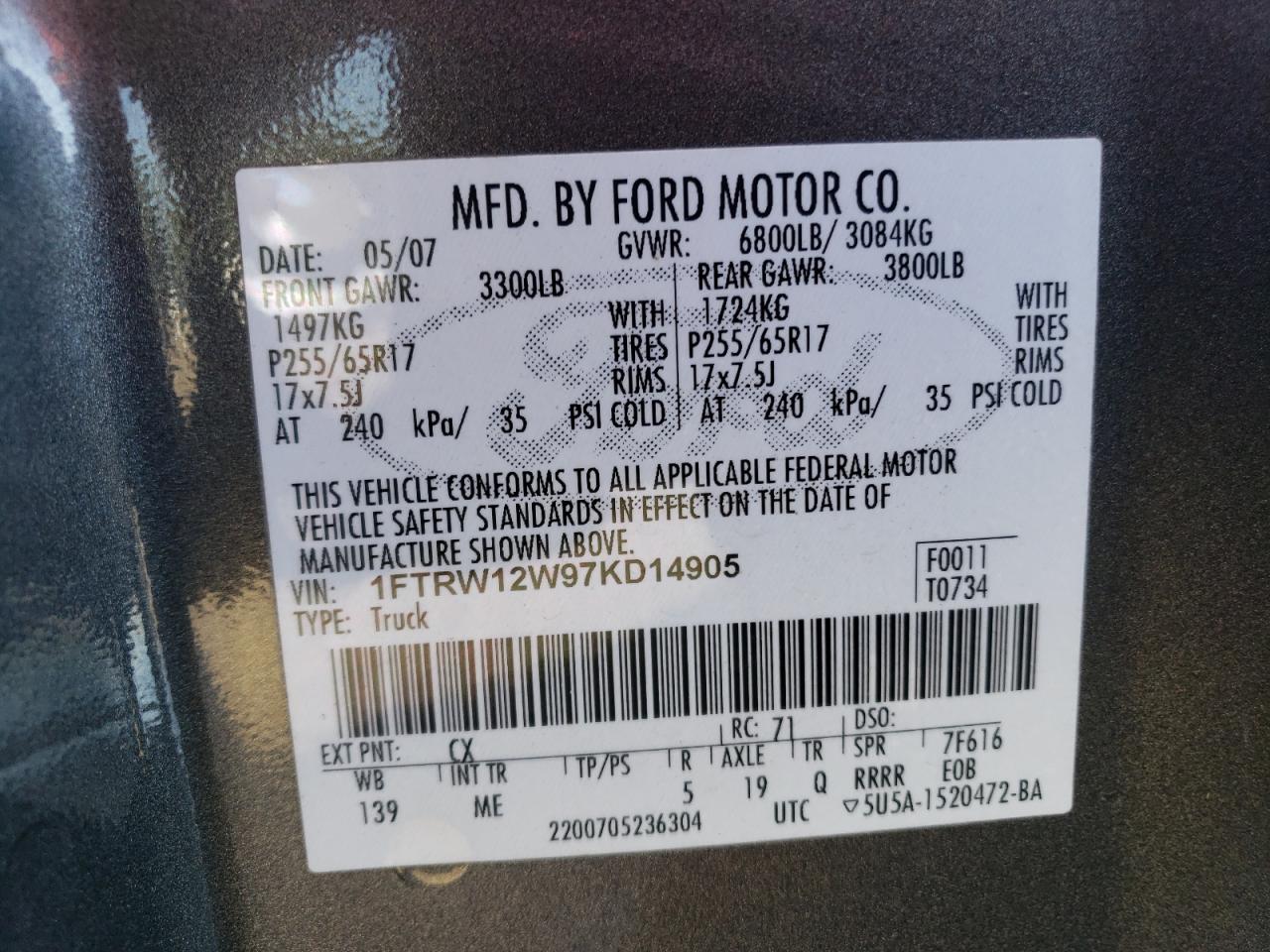 2007 Ford F150 Supercrew VIN: 1FTRW12W97KD14905 Lot: 72722864