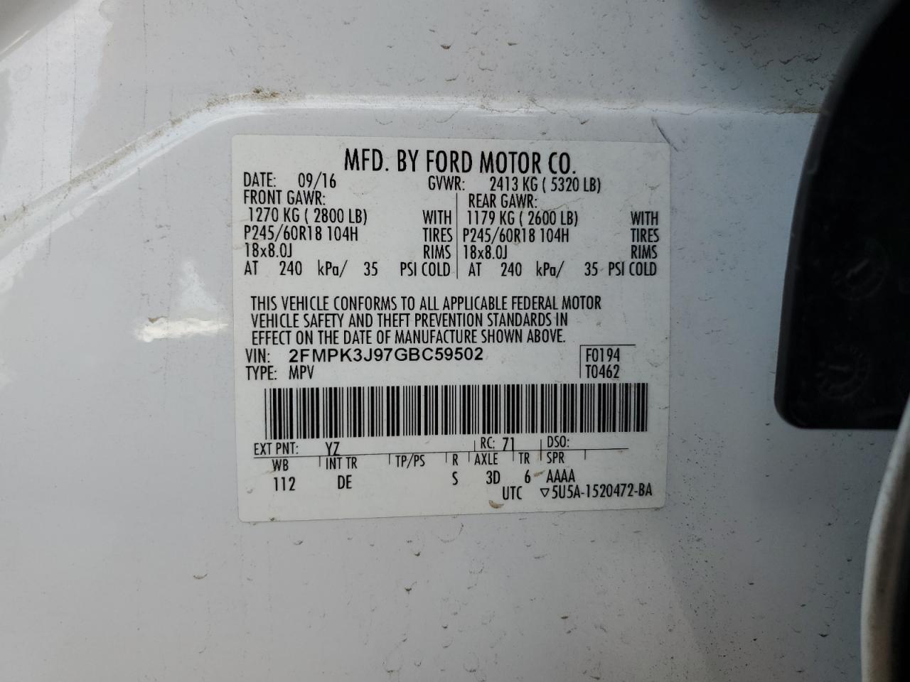 2FMPK3J97GBC59502 2016 Ford Edge Sel