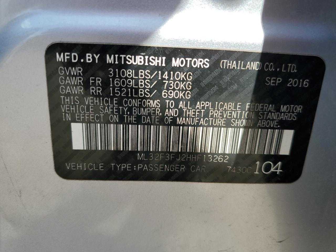 ML32F3FJ2HHF13262 2017 Mitsubishi Mirage G4 Es