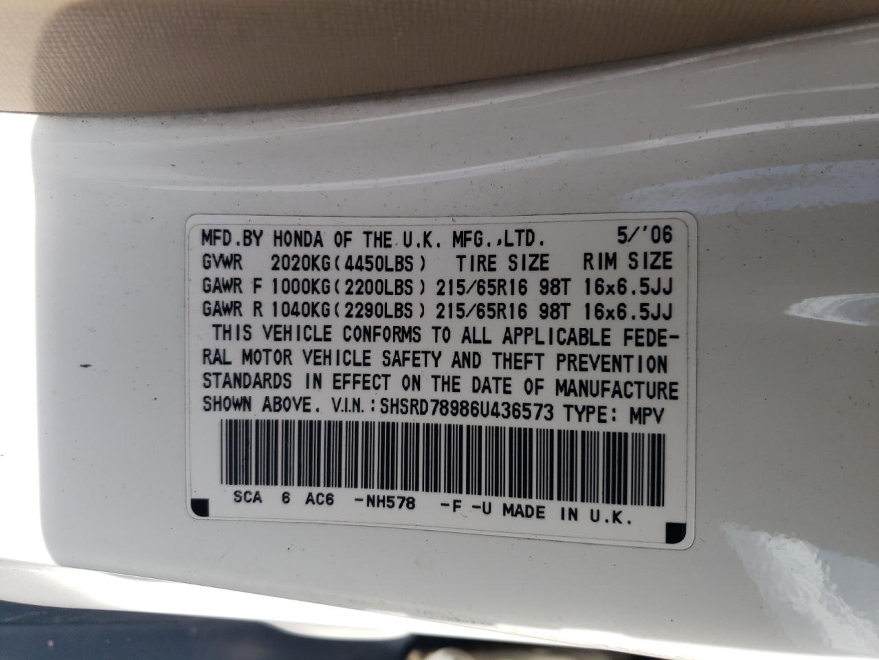 SHSRD78986U436573 2006 Honda Cr-V Se