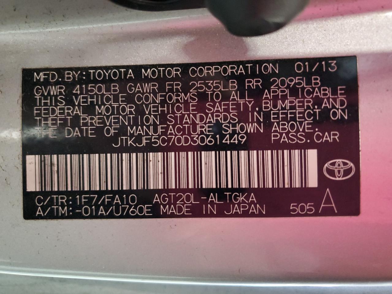 2013 Toyota Scion Tc VIN: JTKJF5C70D3061449 Lot: 72377414