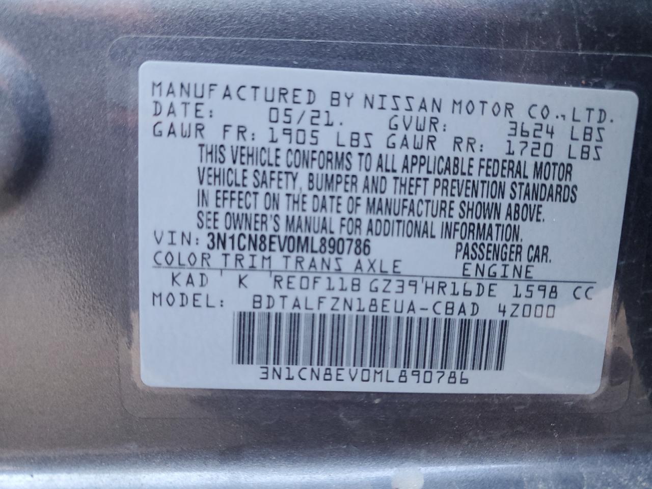 2021 Nissan Versa Sv VIN: 3N1CN8EV0ML890786 Lot: 73046364